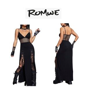 🆕ROMWE Black Contrast Mesh Lace Up Front Split Thigh Cami Dress L🆕